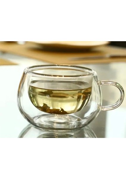 Yeni Tasarım Çift Cidarlı 200 ml Kulplu Cam Bardak, Neskafe Fincanı, Çay Kupası, 3 Adet 2673