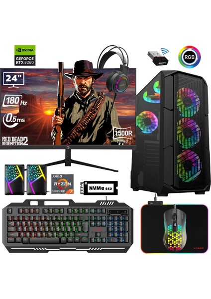 XSR630 Ryzen 7 5700X 16GB Ram 1tb M.2 Nvme SSD 12GB RTX3060 24"curved 180Hz Oyun Bilgisayarı