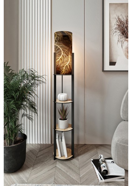Dora Meşe Yuvarlak Raflı Leaf Modern Dekoratif Lambader