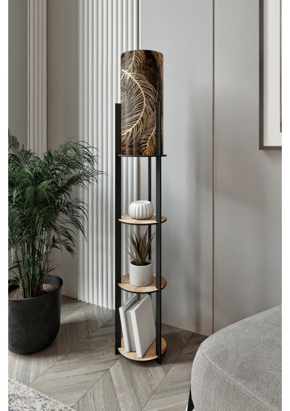 Dora Meşe Yuvarlak Raflı Leaf Modern Dekoratif Lambader