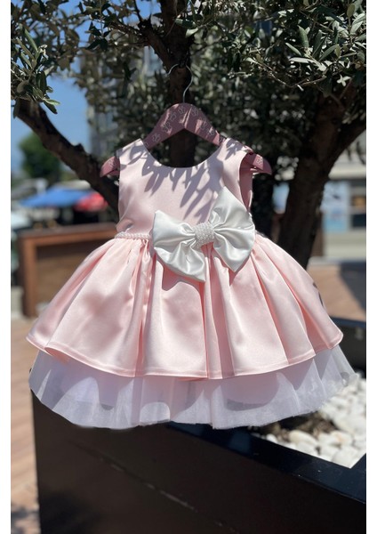 Saten Inci Süslemeli Kız Çocuk Bebek Abiye Pudra Pembe Elbise