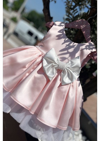 Saten Inci Süslemeli Kız Çocuk Bebek Abiye Pudra Pembe Elbise