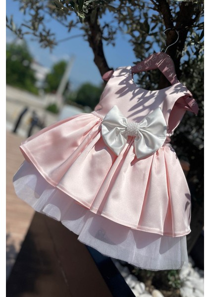 Saten Inci Süslemeli Kız Çocuk Bebek Abiye Pudra Pembe Elbise