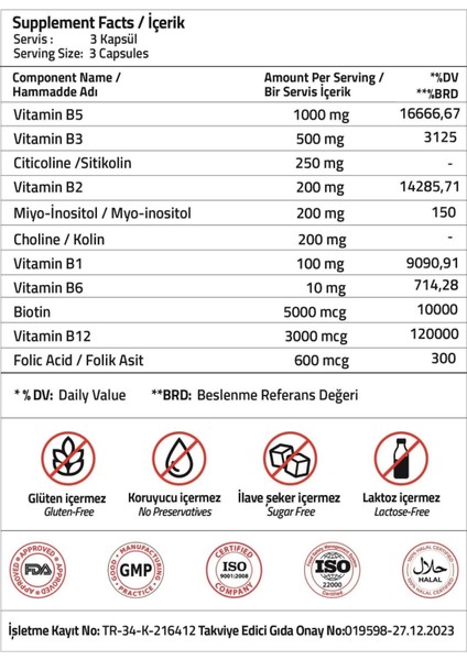 B Complex + Citicoline 250 mg + Myo-Inositol 200 mg + Choline 200 mg 90 Capsules modelleri