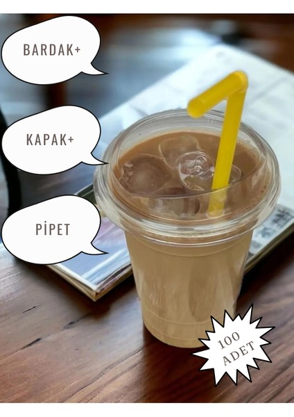 Plastik Pet Milkshake Limonata Bardak Kapak Pipetli 100 Adet