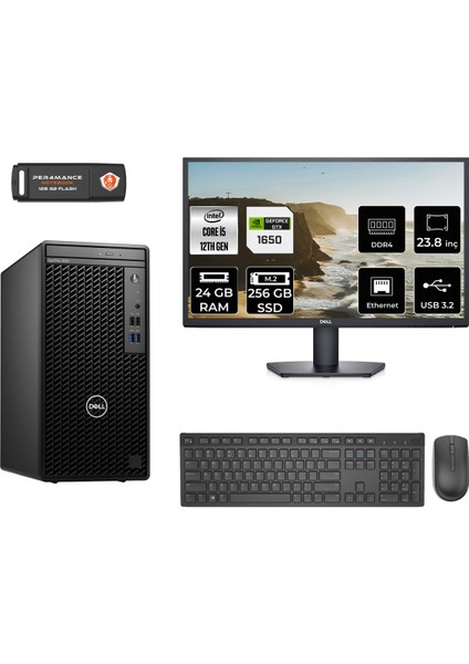 Optiplex 3000MT Intel Core I5 12500 24GB 256GB SSD GTX1650/4GB 23.8" Fhd Monitör Fdos N010O3000MTAC Masaüstü Bilgisayar & Per4 USB Bellek N010O3000MTACMNT4321