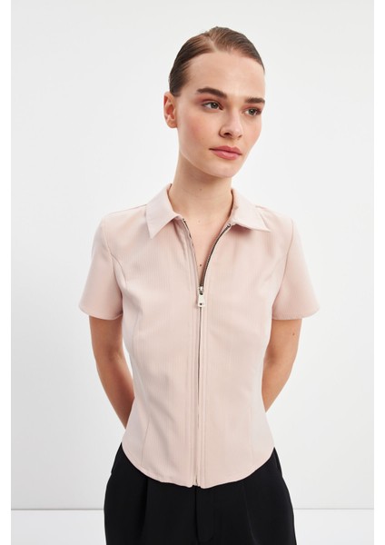Pudra Fermuarlı Slim Fit Kuplu Bluz