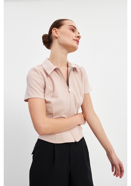 Pudra Fermuarlı Slim Fit Kuplu Bluz modelleri