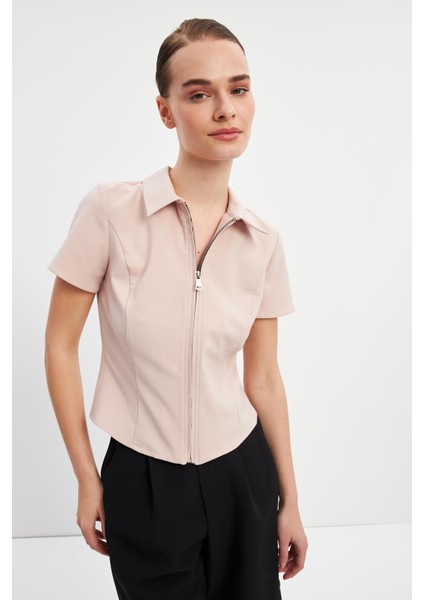 Pudra Fermuarlı Slim Fit Kuplu Bluz fırsatları