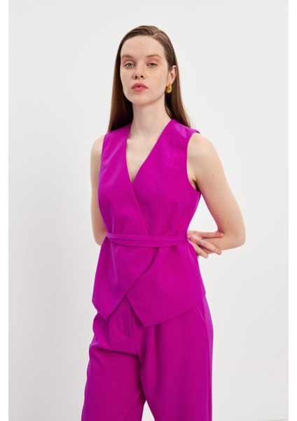Pembe Astarlı Kuşaklı Krep Yelek modelleri