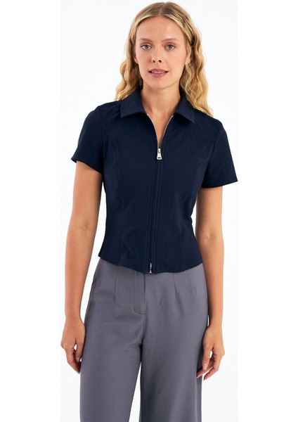 Lacivert Fermuarlı Slim Fit Kuplu Bluz