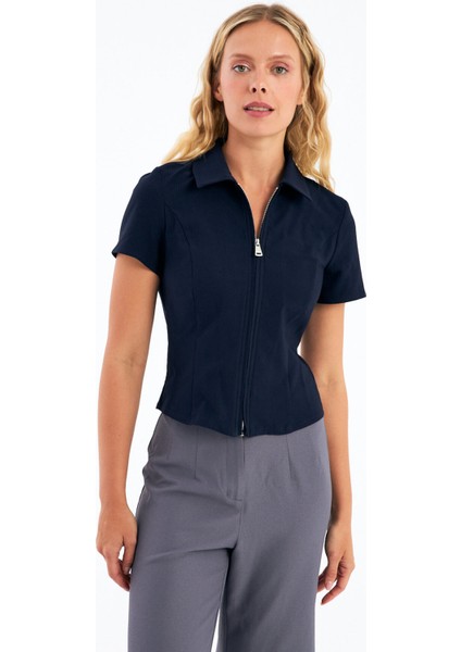 Lacivert Fermuarlı Slim Fit Kuplu Bluz modelleri