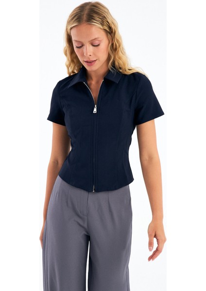 Lacivert Fermuarlı Slim Fit Kuplu Bluz fırsatları