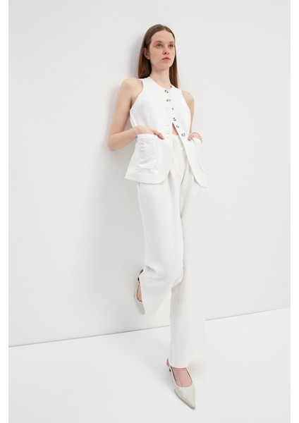 Krem Pileli Yüksek Bel Wide Leg Pantolon