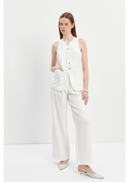 Krem Pileli Yüksek Bel Wide Leg Pantolon modelleri