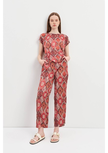 Kırmızı Beli Lastikli Yüksek Bel Pantolon