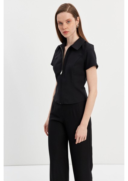 Siyah Fermuarlı Slim Fit Kuplu Bluz fırsatları