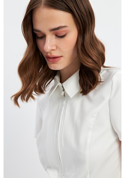 Beyaz Fermuarlı Slim Fit Kuplu Bluz modelleri