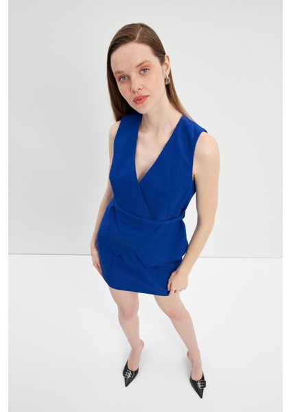 Mavi Krep Mini Etek