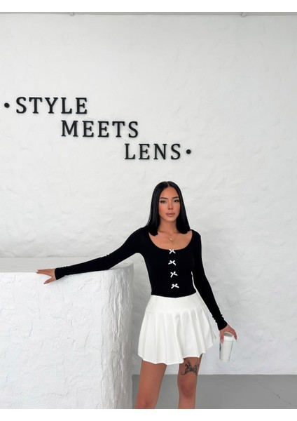 Y2K Tech Sun Summer Detaylı Beyaz Motifli Siyah Body Bluz modelleri