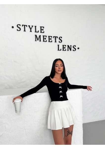 Y2K Tech Sun Summer Detaylı Beyaz Motifli Siyah Body Bluz indirimleri