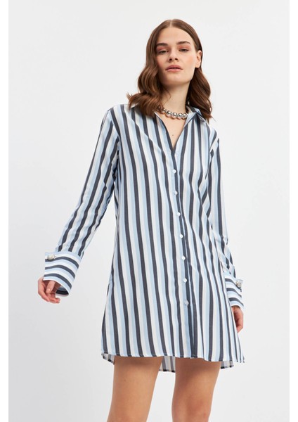 Mavi Çizgili Kalın Manşetli Tunik