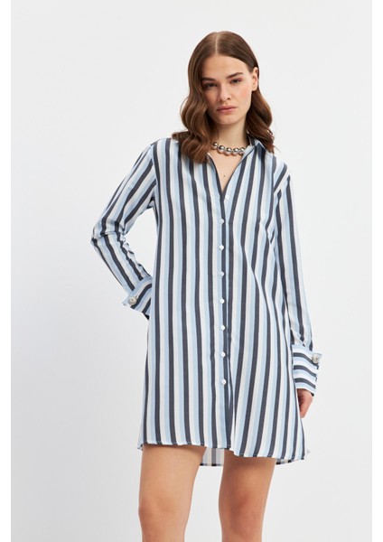 Mavi Çizgili Kalın Manşetli Tunik modelleri