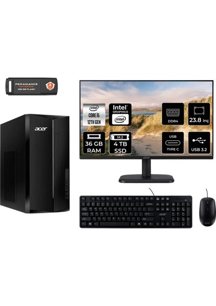 Aspire TC1760 Intel Core I5 12400 36GB 4tb SSD 23.8" Fhd Monitör Fdos DT.BHUEM.005 Masaüstü Bilgisayar & Per4 USB Bellek DTBHUEM005MNT335
