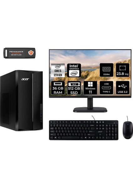 Aspire TC1760 Intel Core I5 12400 36GB 512GB SSD 23.8" Fhd Monitör W11P DT.BHUEM.005 Masaüstü Bilgisayar & Per4 USB Bellek DTBHUEM005MNT432