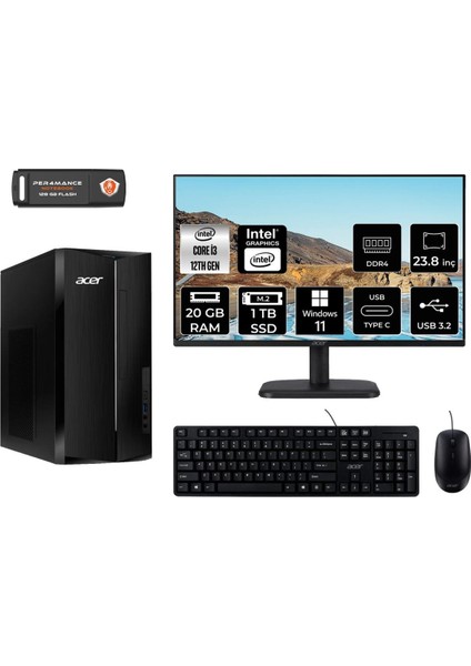 Aspire TC1760 Intel Core I3 12100 20GB 1tb SSD 23.8" Fhd Monitör W11P DT.BHUEM.004 Masaüstü Bilgisayar & Per4 USB Bellek DTBHUEM004MNT418
