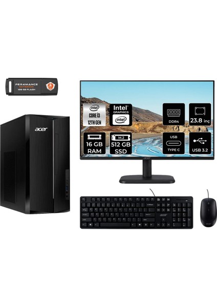 Aspire TC1760 Intel Core I3 12100 16GB 512GB SSD 23.8" Fhd Monitör Fdos DT.BHUEM.004 Masaüstü Bilgisayar & Per4 USB Bellek DTBHUEM004MNT312