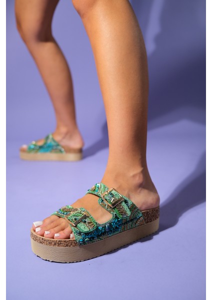 Jerry Yeşil Taşlı Çift Bantlı Kalın Tabanlı Kadın Terlik
