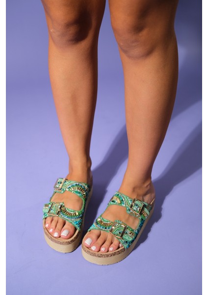 Jerry Yeşil Taşlı Çift Bantlı Kalın Tabanlı Kadın Terlik fiyatları