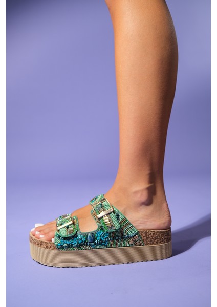 Jerry Yeşil Taşlı Çift Bantlı Kalın Tabanlı Kadın Terlik modelleri