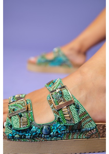 Jerry Yeşil Taşlı Çift Bantlı Kalın Tabanlı Kadın Terlik fırsatları