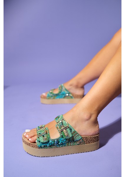 Jerry Yeşil Taşlı Çift Bantlı Kalın Tabanlı Kadın Terlik indirimleri