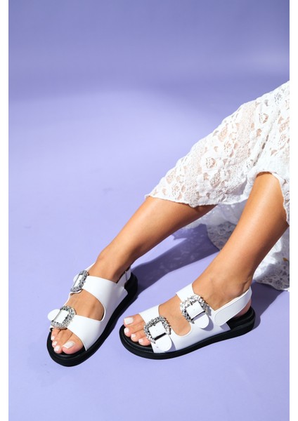 Olımpa Beyaz Taşlı Cırtlı Kadın Düz Sandalet fiyatları