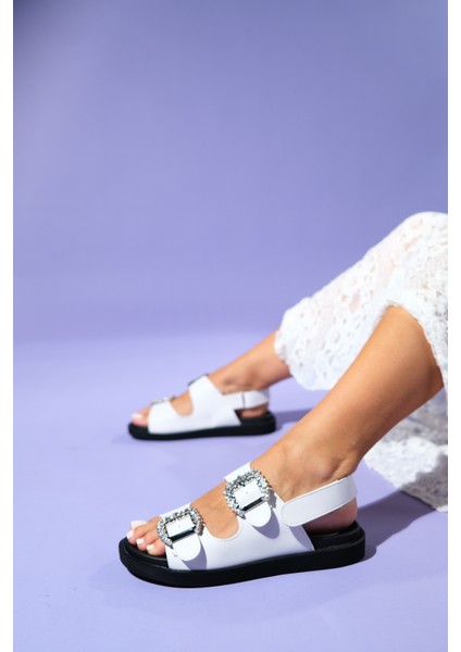 Olımpa Beyaz Taşlı Cırtlı Kadın Düz Sandalet modelleri