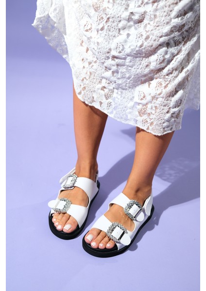 Olımpa Beyaz Taşlı Cırtlı Kadın Düz Sandalet indirimleri