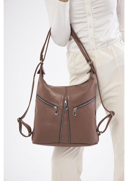 DKB501 Hakiki Deri Kadın Kahverengi Sırt ve Omuz Çantası