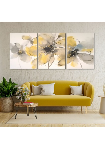 3'lü Kanvas Duvar Tablosu Çizgisel Pastel Sarı Çiçek Tasarımı