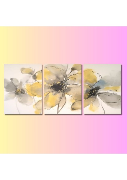 3'lü Kanvas Duvar Tablosu Çizgisel Pastel Sarı Çiçek Tasarımı indirimleri