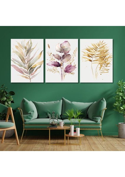 3'lü Kanvas Duvar Tablosu Soft Pastel Lila Çiçek Tasarımı