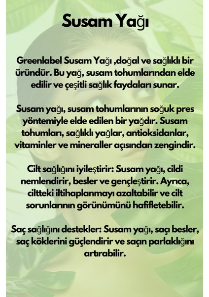 Green Label Susam Yağı Soğuk Sıkım %100 Doğal Ve Saf 180ml