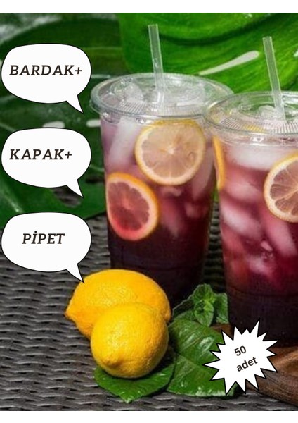 Plastik Pet Milkshake Limonata Bardak Kapak Pipetli 50 Adet