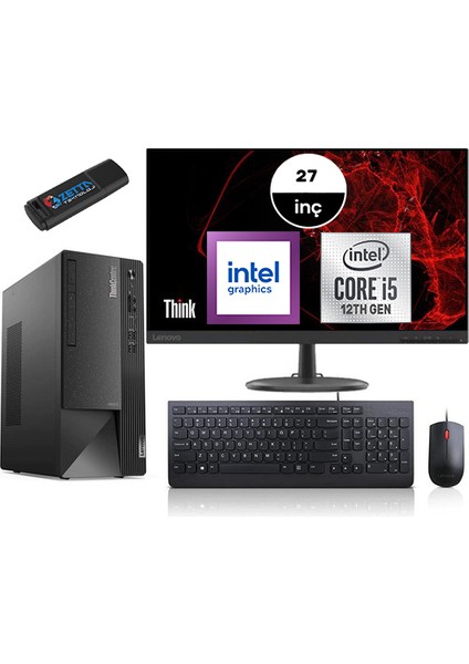 Thinkcentre Neo 50T Gen4 Intel I5 12400 64GB 4tb SSD Freedos Fullhd 27 Inç Mon Masaüstü Bilgisayar 12JB005DTRMM20 + Zetta Flash Bellek