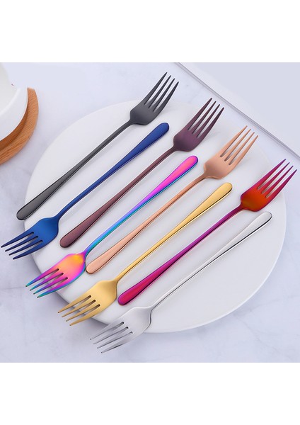 Gümüş Tarzı 1 Adet Renkli Paslanmaz Çelik Çatal Kore Tatlı Uzun Sap Çatal Mavi Siyah Altın Çatal Otel Mutfak Aksesuarları (Yurt Dışından) modelleri