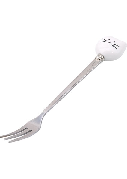 Beyaz Kedi Çatal Stili Sevimli Karikatür Kedi Çatal Paslanmaz Çelik Uzun Karıştırma Kaşığı Meyve Çatalı Paslanmaz Çelik Kaşık Seramik Sap Meyve Araçları (Yurt Dışından)