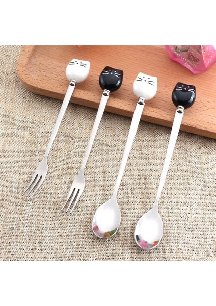 Beyaz Kedi Çatal Stili Sevimli Karikatür Kedi Çatal Paslanmaz Çelik Uzun Karıştırma Kaşığı Meyve Çatalı Paslanmaz Çelik Kaşık Seramik Sap Meyve Araçları (Yurt Dışından) fiyatları