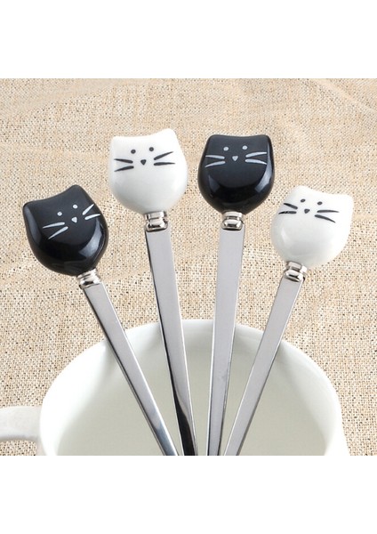 Beyaz Kedi Çatal Stili Sevimli Karikatür Kedi Çatal Paslanmaz Çelik Uzun Karıştırma Kaşığı Meyve Çatalı Paslanmaz Çelik Kaşık Seramik Sap Meyve Araçları (Yurt Dışından) modelleri